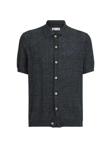 Brunello Cucinelli Men's Linen and Cotton Textured Rib Short Sleeve Knit Shirt - Buff | Thumbnail 7 Brunello Cucinelli Men's Linen and Cotton Textured Rib Short Sleeve Knit Shirt - Buff | Thumbnail 7