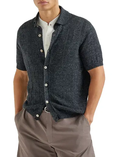 Brunello Cucinelli Men's Linen and Cotton Textured Rib Short Sleeve Knit Shirt - Buff | Thumbnail 8 Brunello Cucinelli Men's Linen and Cotton Textured Rib Short Sleeve Knit Shirt - Buff | Thumbnail 8