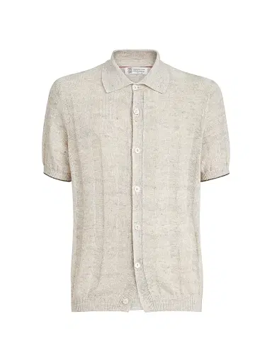 Brunello Cucinelli Men's Linen and Cotton Textured Rib Short Sleeve Knit Shirt - Buff | Thumbnail 1 Brunello Cucinelli Men's Linen and Cotton Textured Rib Short Sleeve Knit Shirt - Buff | Thumbnail 1