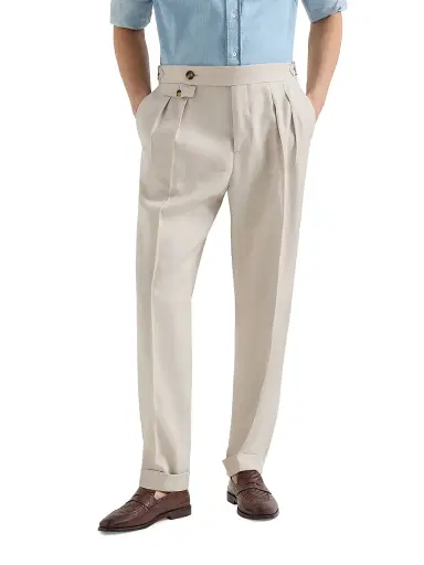 Brunello Cucinelli Men's Gabardine Trousers with Double Pleats and Waist Tabs - Buff | Thumbnail 2 Brunello Cucinelli Men's Gabardine Trousers with Double Pleats and Waist Tabs - Buff | Thumbnail 2