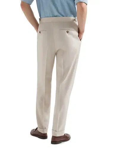Brunello Cucinelli Men's Gabardine Trousers with Double Pleats and Waist Tabs - Buff | Thumbnail 3 Brunello Cucinelli Men's Gabardine Trousers with Double Pleats and Waist Tabs - Buff | Thumbnail 3