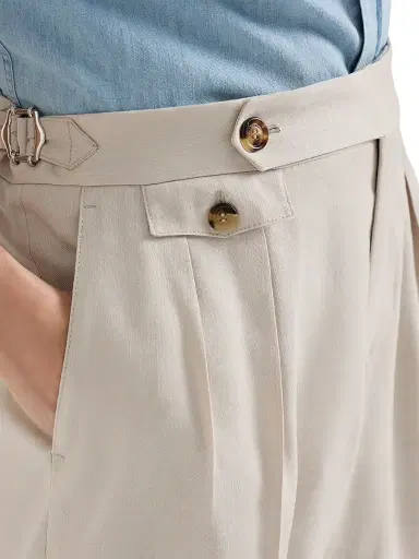 Brunello Cucinelli Men's Gabardine Trousers with Double Pleats and Waist Tabs - Buff | Thumbnail 4 Brunello Cucinelli Men's Gabardine Trousers with Double Pleats and Waist Tabs - Buff | Thumbnail 4