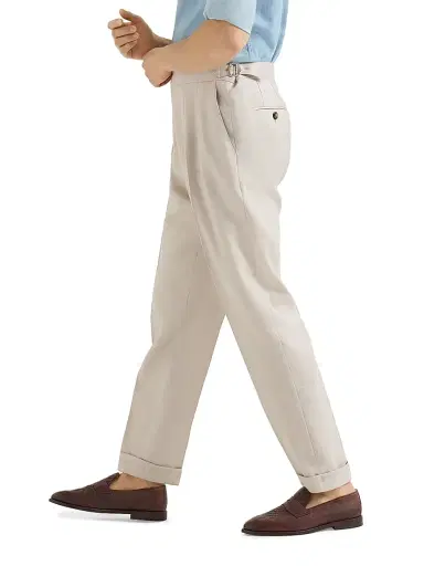 Brunello Cucinelli Men's Gabardine Trousers with Double Pleats and Waist Tabs - Buff | Thumbnail 5 Brunello Cucinelli Men's Gabardine Trousers with Double Pleats and Waist Tabs - Buff | Thumbnail 5