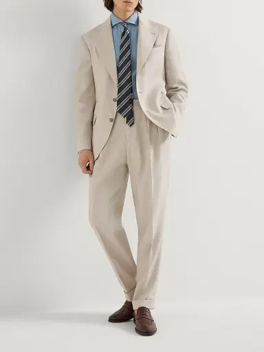 Brunello Cucinelli Men's Gabardine Trousers with Double Pleats and Waist Tabs - Buff | Thumbnail 6 Brunello Cucinelli Men's Gabardine Trousers with Double Pleats and Waist Tabs - Buff | Thumbnail 6