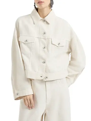 Brunello Cucinelli Women's Garment Dyed Outerwear Jacket in Cotton and Linen Cover with Monili - Chalk | Thumbnail 2 Brunello Cucinelli Women's Garment Dyed Outerwear Jacket in Cotton and Linen Cover with Monili - Chalk | Thumbnail 2
