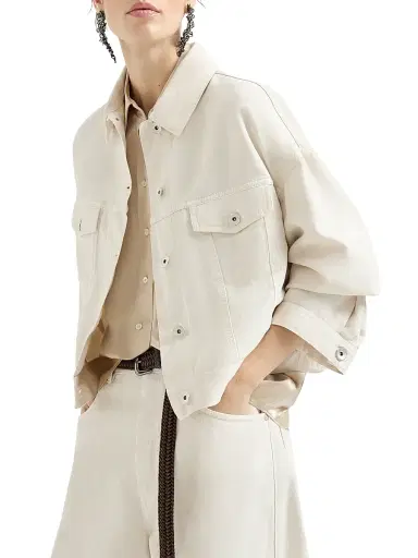 Brunello Cucinelli Women's Garment Dyed Outerwear Jacket in Cotton and Linen Cover with Monili - Chalk | Thumbnail 5 Brunello Cucinelli Women's Garment Dyed Outerwear Jacket in Cotton and Linen Cover with Monili - Chalk | Thumbnail 5