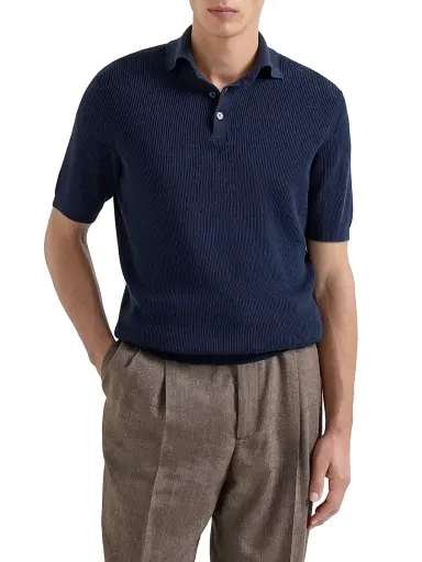 Brunello Cucinelli Men's Cotton English Rib Knit Polo Shirt | Thumbnail 2 Brunello Cucinelli Men's Cotton English Rib Knit Polo Shirt | Thumbnail 2