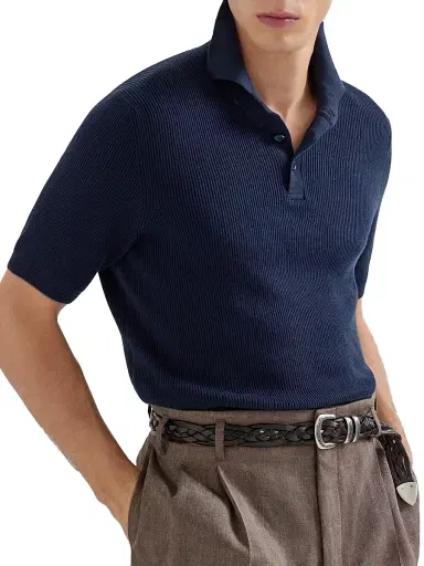 Brunello Cucinelli Men's Cotton English Rib Knit Polo Shirt | Thumbnail 4 Brunello Cucinelli Men's Cotton English Rib Knit Polo Shirt | Thumbnail 4