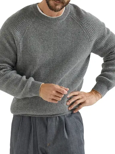 Brunello Cucinelli Men's Cashmere English Rib Sweater with Raglan Sleeves - Dark Grey | Thumbnail 2 Brunello Cucinelli Men's Cashmere English Rib Sweater with Raglan Sleeves - Dark Grey | Thumbnail 2