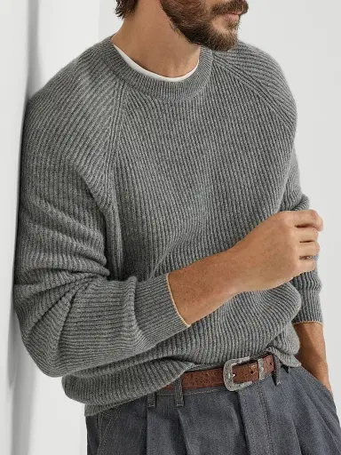 Brunello Cucinelli Men's Cashmere English Rib Sweater with Raglan Sleeves - Dark Grey | Thumbnail 5 Brunello Cucinelli Men's Cashmere English Rib Sweater with Raglan Sleeves - Dark Grey | Thumbnail 5
