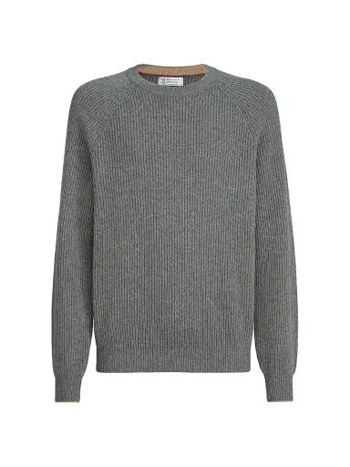 Brunello Cucinelli Men's Cashmere English Rib Sweater with Raglan Sleeves - Dark Grey | Thumbnail 1 Brunello Cucinelli Men's Cashmere English Rib Sweater with Raglan Sleeves - Dark Grey | Thumbnail 1