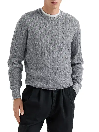 Brunello Cucinelli Men's Cashmere Vanisé Cable Knit Sweater - Dark Grey | Thumbnail 2 Brunello Cucinelli Men's Cashmere Vanisé Cable Knit Sweater - Dark Grey | Thumbnail 2