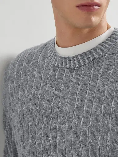 Brunello Cucinelli Men's Cashmere Vanisé Cable Knit Sweater - Dark Grey | Thumbnail 4 Brunello Cucinelli Men's Cashmere Vanisé Cable Knit Sweater - Dark Grey | Thumbnail 4