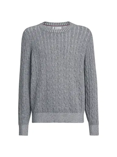 Brunello Cucinelli Men's Cashmere Vanisé Cable Knit Sweater - Dark Grey | Thumbnail 1 Brunello Cucinelli Men's Cashmere Vanisé Cable Knit Sweater - Dark Grey | Thumbnail 1