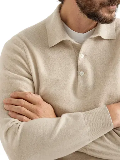 Brunello Cucinelli Men's Cashmere Knit Polo Shirt - Sand | Thumbnail 4 Brunello Cucinelli Men's Cashmere Knit Polo Shirt - Sand | Thumbnail 4