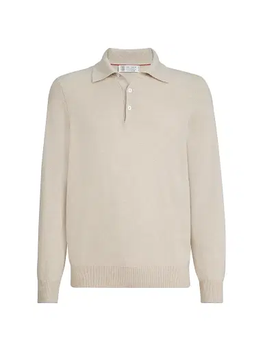 Brunello Cucinelli Men's Cashmere Knit Polo Shirt - Sand | Thumbnail 1 Brunello Cucinelli Men's Cashmere Knit Polo Shirt - Sand | Thumbnail 1