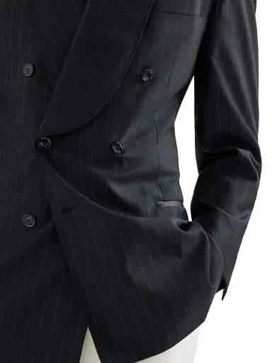Brunello Cucinelli Men's Super 150s Virgin Wool Chalk Stripe One and a Half Breasted Tuxedo Jacket - Black | Thumbnail 4 Brunello Cucinelli Men's Super 150s Virgin Wool Chalk Stripe One and a Half Breasted Tuxedo Jacket - Black | Thumbnail 4