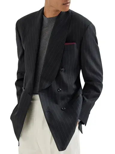 Brunello Cucinelli Men's Super 150s Virgin Wool Chalk Stripe One and a Half Breasted Tuxedo Jacket - Black | Thumbnail 5 Brunello Cucinelli Men's Super 150s Virgin Wool Chalk Stripe One and a Half Breasted Tuxedo Jacket - Black | Thumbnail 5