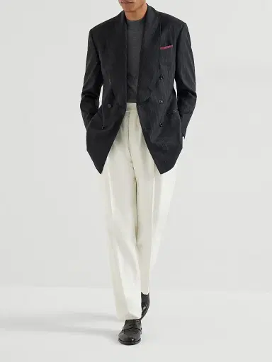 Brunello Cucinelli Men's Super 150s Virgin Wool Chalk Stripe One and a Half Breasted Tuxedo Jacket - Black | Thumbnail 6 Brunello Cucinelli Men's Super 150s Virgin Wool Chalk Stripe One and a Half Breasted Tuxedo Jacket - Black | Thumbnail 6