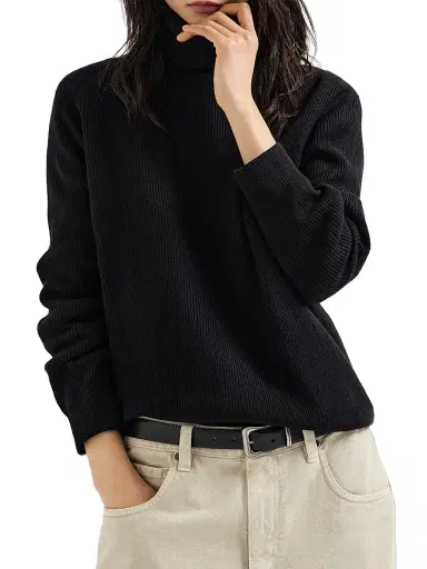 Brunello Cucinelli Women's Cashmere English Rib Turtleneck Sweater with Monili - Black | Thumbnail 2 Brunello Cucinelli Women's Cashmere English Rib Turtleneck Sweater with Monili - Black | Thumbnail 2