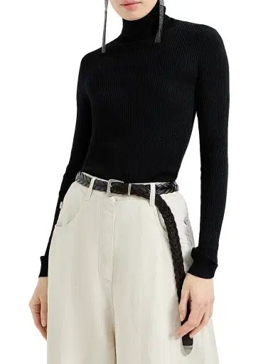 Brunello Cucinelli Women's Lightweight Turtleneck Sweater in Sparkling Cashmere and Silk Rib Knit - Black | Thumbnail 2 Brunello Cucinelli Women's Lightweight Turtleneck Sweater in Sparkling Cashmere and Silk Rib Knit - Black | Thumbnail 2