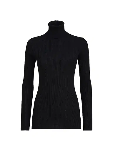 Brunello Cucinelli Women's Lightweight Turtleneck Sweater in Sparkling Cashmere and Silk Rib Knit - Black | Thumbnail 1 Brunello Cucinelli Women's Lightweight Turtleneck Sweater in Sparkling Cashmere and Silk Rib Knit - Black | Thumbnail 1