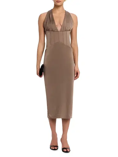 Rebecca Vallance Women's Mischa Corset-Waist Midi-Dress - Mocha | Thumbnail 2 Rebecca Vallance Women's Mischa Corset-Waist Midi-Dress - Mocha | Thumbnail 2