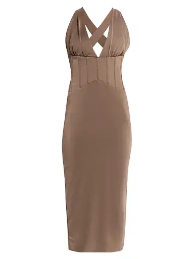 Rebecca Vallance Women's Mischa Corset-Waist Midi-Dress - Mocha | Thumbnail 1 Rebecca Vallance Women's Mischa Corset-Waist Midi-Dress - Mocha | Thumbnail 1