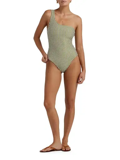 Peony Women's Tapestry One-Shoulder One-Piece Swimsuit - Fern Stripe | Thumbnail 2 Peony Women's Tapestry One-Shoulder One-Piece Swimsuit - Fern Stripe | Thumbnail 2