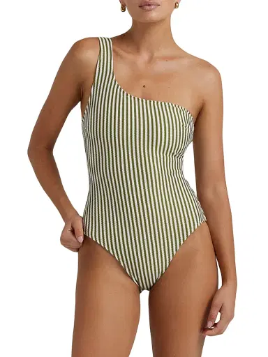 Peony Women's Tapestry One-Shoulder One-Piece Swimsuit - Fern Stripe | Thumbnail 3 Peony Women's Tapestry One-Shoulder One-Piece Swimsuit - Fern Stripe | Thumbnail 3