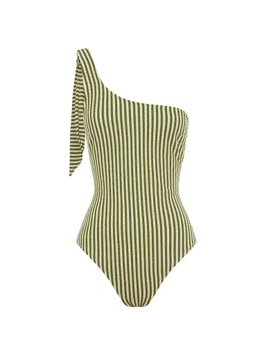 Peony Women's Tapestry One-Shoulder One-Piece Swimsuit - Fern Stripe | Thumbnail 1 Peony Women's Tapestry One-Shoulder One-Piece Swimsuit - Fern Stripe | Thumbnail 1