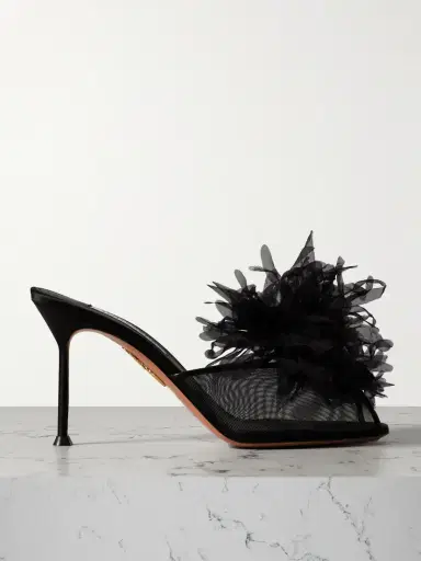 Aquazzura Poème 85 Embellished Organza And Leather-trimmed Mesh Mules | Thumbnail 1 Aquazzura Poème 85 Embellished Organza And Leather-trimmed Mesh Mules | Thumbnail 1