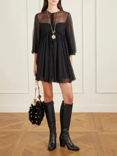 Chloé Tie-detailed Gathered Silk-chiffon Mini Dress | Thumbnail 2 Chloé Tie-detailed Gathered Silk-chiffon Mini Dress | Thumbnail 2