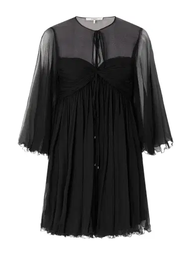 Chloé Tie-detailed Gathered Silk-chiffon Mini Dress | Thumbnail 1 Chloé Tie-detailed Gathered Silk-chiffon Mini Dress | Thumbnail 1