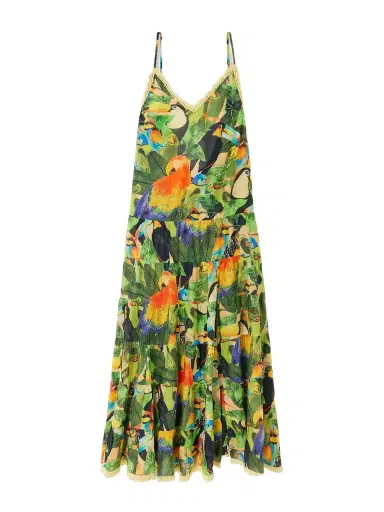 Farm Rio Bird Leaves Crochet-trimmed Tiered Printed Cotton Maxi Dress | Thumbnail 1 Farm Rio Bird Leaves Crochet-trimmed Tiered Printed Cotton Maxi Dress | Thumbnail 1