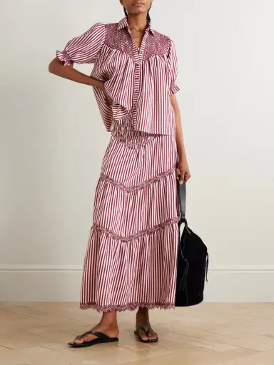 Loretta Caponi Ninfa Shirred Corded Lace-trimmed Striped Satin Maxi Skirt | Thumbnail 2 Loretta Caponi Ninfa Shirred Corded Lace-trimmed Striped Satin Maxi Skirt | Thumbnail 2
