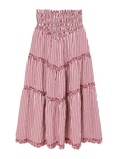 Loretta Caponi Ninfa Shirred Corded Lace-trimmed Striped Satin Maxi Skirt | Thumbnail 1 Loretta Caponi Ninfa Shirred Corded Lace-trimmed Striped Satin Maxi Skirt | Thumbnail 1
