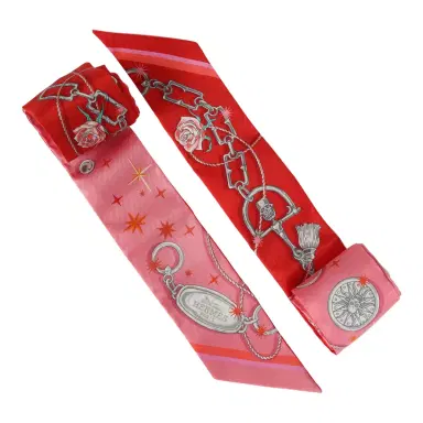 HERMÈS Hermes "C'est La Fete" Rose Bon Bon, Orange Multi Silk Twilly Pair | Thumbnail 4 HERMÈS Hermes "C'est La Fete" Rose Bon Bon, Orange Multi Silk Twilly Pair | Thumbnail 4