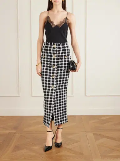 Balmain Frayed Checked Cotton-blend Tweed Midi Skirt | Thumbnail 2 Balmain Frayed Checked Cotton-blend Tweed Midi Skirt | Thumbnail 2