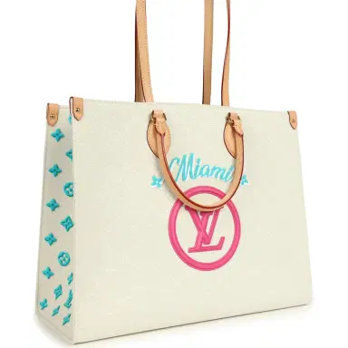 Louis Vuitton Louis Vuitton On The Go Miami GM Tote Light Beige Multi Jacquard Monogram Gold Hardware | Thumbnail 2 Louis Vuitton Louis Vuitton On The Go Miami GM Tote Light Beige Multi Jacquard Monogram Gold Hardware | Thumbnail 2