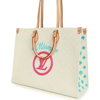 Louis Vuitton Louis Vuitton On The Go Miami GM Tote Light Beige Multi Jacquard Monogram Gold Hardware | Thumbnail 5 Louis Vuitton Louis Vuitton On The Go Miami GM Tote Light Beige Multi Jacquard Monogram Gold Hardware | Thumbnail 5