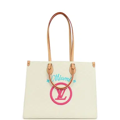 Louis Vuitton Louis Vuitton On The Go Miami GM Tote Light Beige Multi Jacquard Monogram Gold Hardware | Thumbnail 1 Louis Vuitton Louis Vuitton On The Go Miami GM Tote Light Beige Multi Jacquard Monogram Gold Hardware | Thumbnail 1
