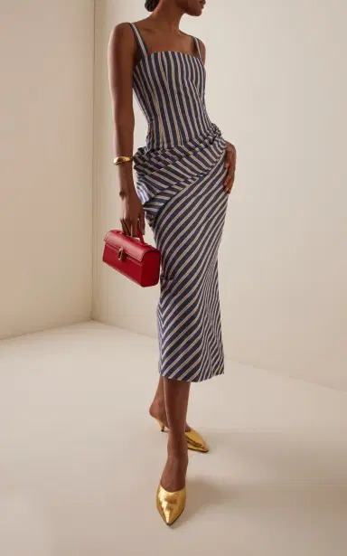 Carolina Herrera Draped Cotton Denim-Stripe Midi Dress | Thumbnail 2 Carolina Herrera Draped Cotton Denim-Stripe Midi Dress | Thumbnail 2