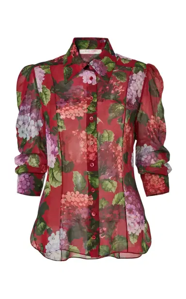 Carolina Herrera Collared Hydrangea-Printed Chiffon Top | Thumbnail 1 Carolina Herrera Collared Hydrangea-Printed Chiffon Top | Thumbnail 1