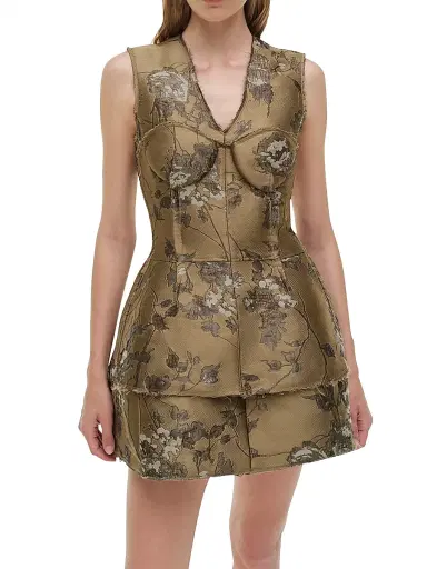 SIMKHAI Women's Brynelle Fit-&-Flare Floral Jacquard Minidress - Brown Metallic | Thumbnail 3 SIMKHAI Women's Brynelle Fit-&-Flare Floral Jacquard Minidress - Brown Metallic | Thumbnail 3