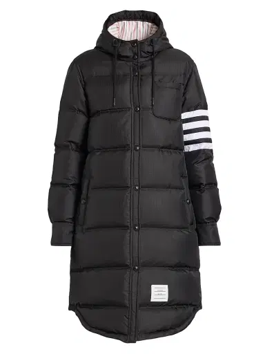 Thom Browne Women's Four-Stripe Hooded Down Coat - Black | Thumbnail 1 Thom Browne Women's Four-Stripe Hooded Down Coat - Black | Thumbnail 1