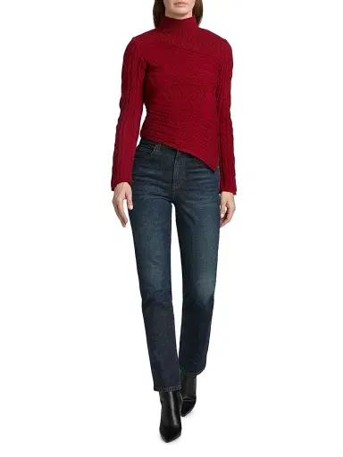 Staud Women's Sidney Mixed Cable-Knit Asymmetric Turtleneck Sweater - Rouge | Thumbnail 2 Staud Women's Sidney Mixed Cable-Knit Asymmetric Turtleneck Sweater - Rouge | Thumbnail 2