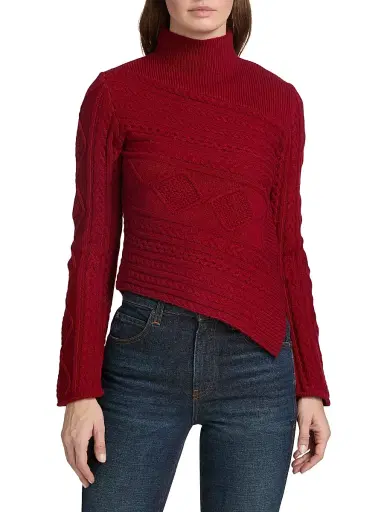Staud Women's Sidney Mixed Cable-Knit Asymmetric Turtleneck Sweater - Rouge | Thumbnail 3 Staud Women's Sidney Mixed Cable-Knit Asymmetric Turtleneck Sweater - Rouge | Thumbnail 3