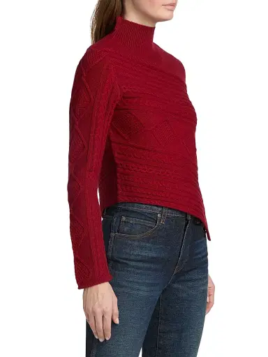 Staud Women's Sidney Mixed Cable-Knit Asymmetric Turtleneck Sweater - Rouge | Thumbnail 4 Staud Women's Sidney Mixed Cable-Knit Asymmetric Turtleneck Sweater - Rouge | Thumbnail 4