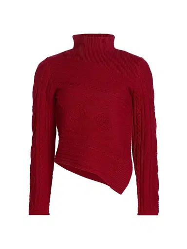 Staud Women's Sidney Mixed Cable-Knit Asymmetric Turtleneck Sweater - Rouge | Thumbnail 1 Staud Women's Sidney Mixed Cable-Knit Asymmetric Turtleneck Sweater - Rouge | Thumbnail 1